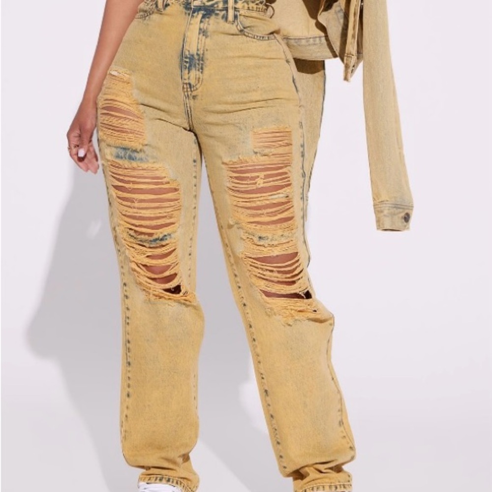 Fashion Nova Tan Straight Leg Jeans with Distressed Details